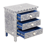 Bone Inlay Large 3 Drawer Bedside Table - Navy Blue Floral - Abacus and Hunt
