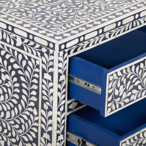 Bone Inlay Large 3 Drawer Bedside Table - Navy Blue Floral - Abacus and Hunt