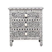 Bone Inlay Large 3 Drawer Bedside Table - Black Floral - Abacus and Hunt