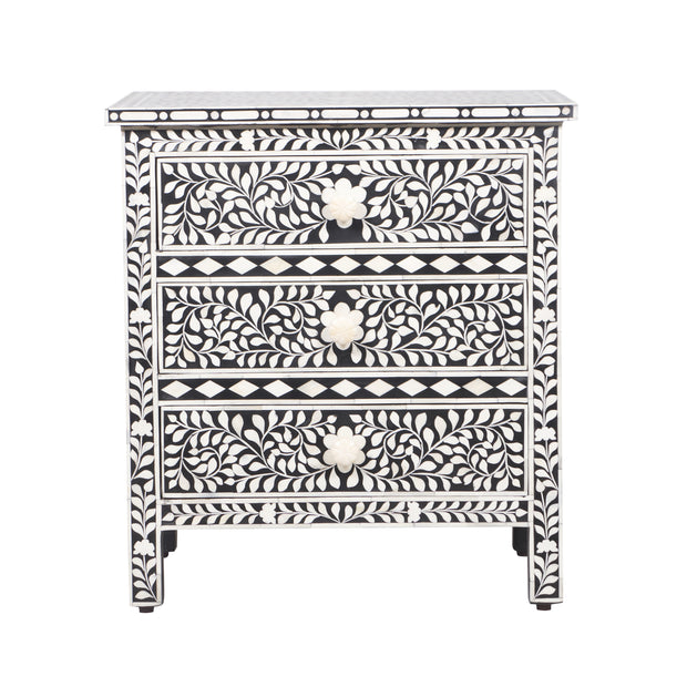 Bone Inlay Large 3 Drawer Bedside Table - Black Floral - Abacus and Hunt