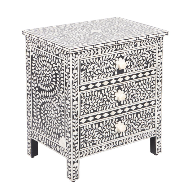 Bone Inlay Large 3 Drawer Bedside Table - Black Floral - Abacus and Hunt
