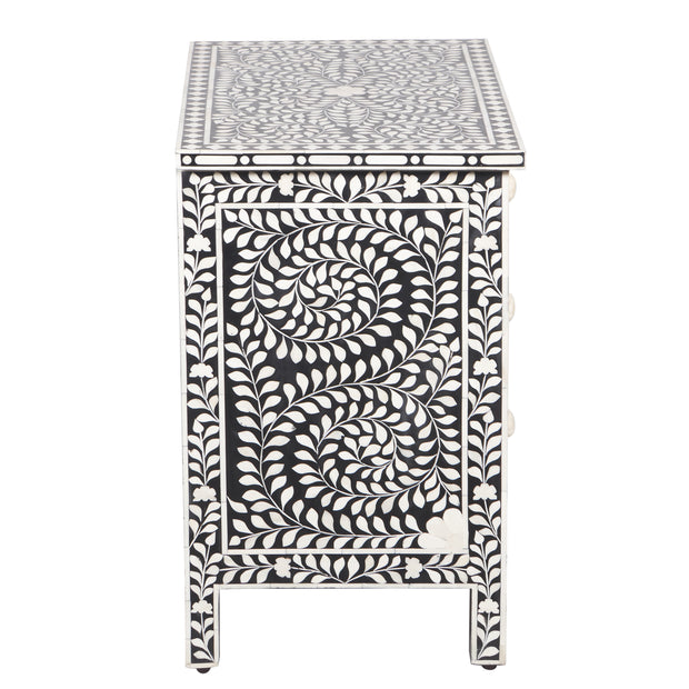 Bone Inlay Large 3 Drawer Bedside Table - Black Floral - Abacus and Hunt