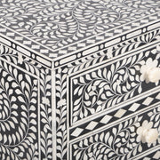 Bone Inlay Large 3 Drawer Bedside Table - Black Floral - Abacus and Hunt