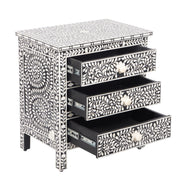 Bone Inlay Large 3 Drawer Bedside Table - Black Floral - Abacus and Hunt