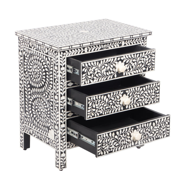 Bone Inlay Large 3 Drawer Bedside Table - Black Floral - Abacus and Hunt
