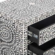 Bone Inlay Large 3 Drawer Bedside Table - Black Floral - Abacus and Hunt