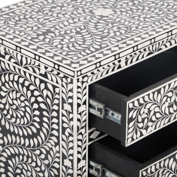 Bone Inlay Large 3 Drawer Bedside Table - Black Floral - Abacus and Hunt