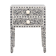 Bone Inlay Bedside Table with 2 Drawers - Black Floral - Abacus and Hunt