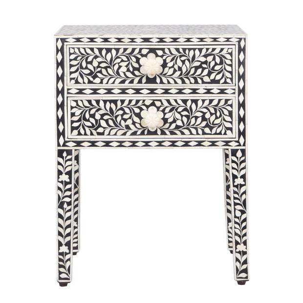 Bone Inlay Bedside Table with 2 Drawers - Black Floral - Abacus and Hunt