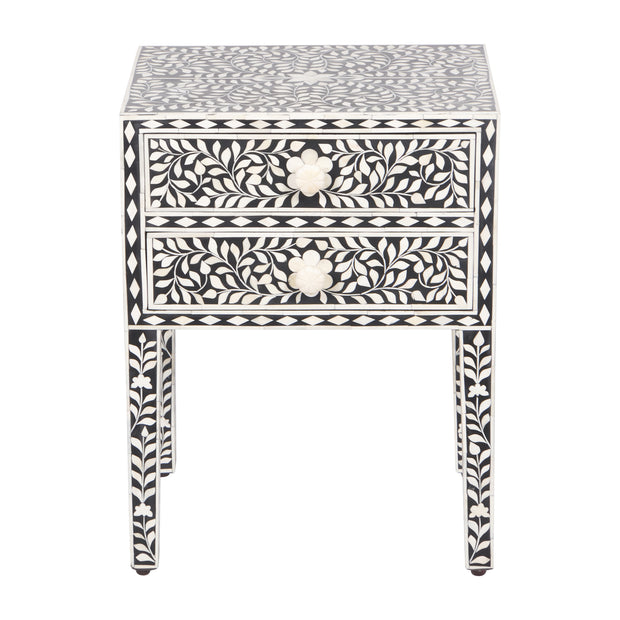 Bone Inlay Bedside Table with 2 Drawers - Black Floral - Abacus and Hunt