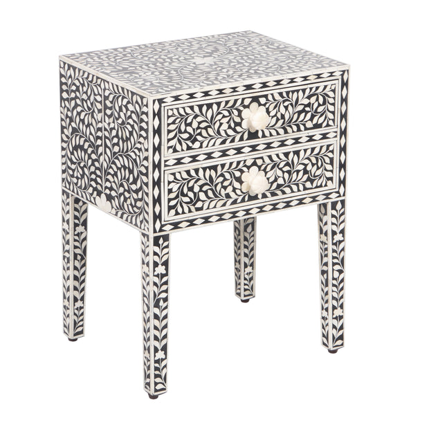 Bone Inlay Bedside Table with 2 Drawers - Black Floral - Abacus and Hunt