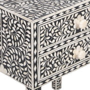 Bone Inlay Bedside Table with 2 Drawers - Black Floral - Abacus and Hunt