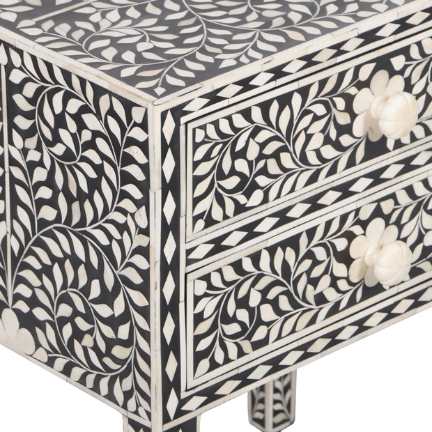 Bone Inlay Bedside Table with 2 Drawers - Black Floral - Abacus and Hunt