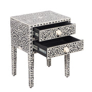 Bone Inlay Bedside Table with 2 Drawers - Black Floral - Abacus and Hunt