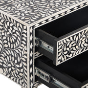 Bone Inlay Bedside Table with 2 Drawers - Black Floral - Abacus and Hunt