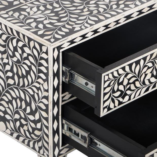 Bone Inlay Bedside Table with 2 Drawers - Black Floral - Abacus and Hunt