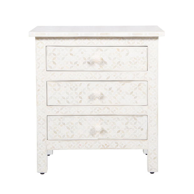 Bone Inlay Large 3 Drawer Bedside - White Geometric - Abacus and Hunt