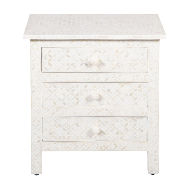 Bone Inlay Large 3 Drawer Bedside - White Geometric - Abacus and Hunt