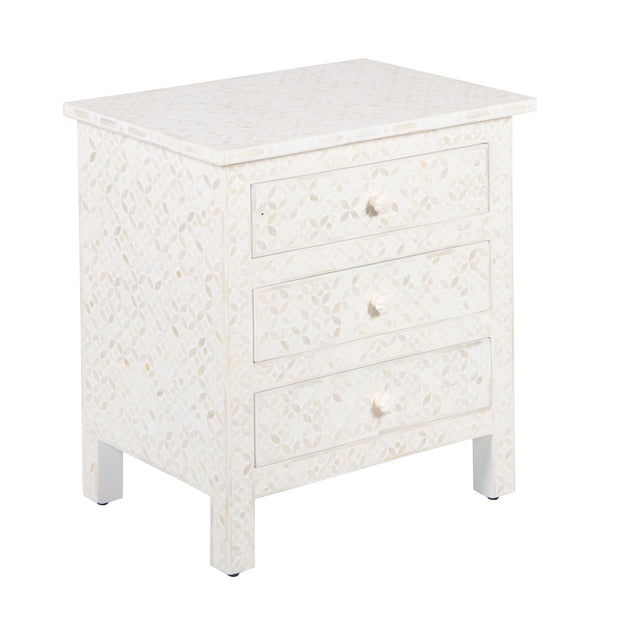 Bone Inlay Large 3 Drawer Bedside - White Geometric - Abacus and Hunt