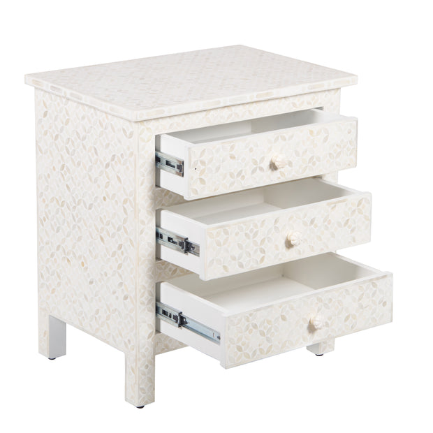 Bone Inlay Large 3 Drawer Bedside - White Geometric - Abacus and Hunt