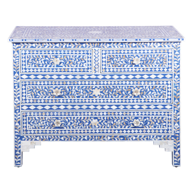 Mother of Pearl Inlay 4 Drawer Chest of Drawers - Blue Floral - Abacus and Hunt