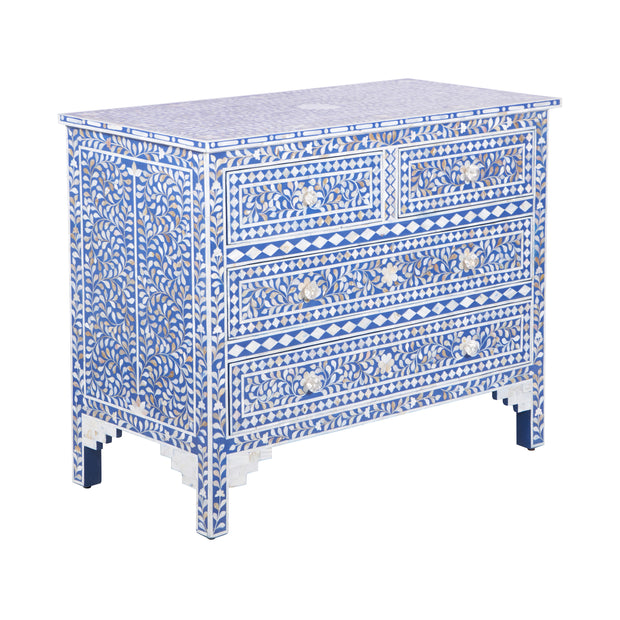 Mother of Pearl Inlay 4 Drawer Chest of Drawers - Blue Floral - Abacus and Hunt