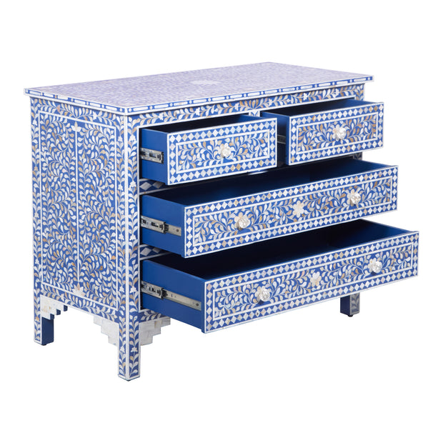 Mother of Pearl Inlay 4 Drawer Chest of Drawers - Blue Floral - Abacus and Hunt