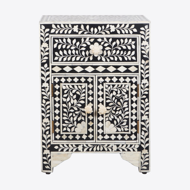 Bone Inlay Bedside Table - Black Floral - Abacus and Hunt