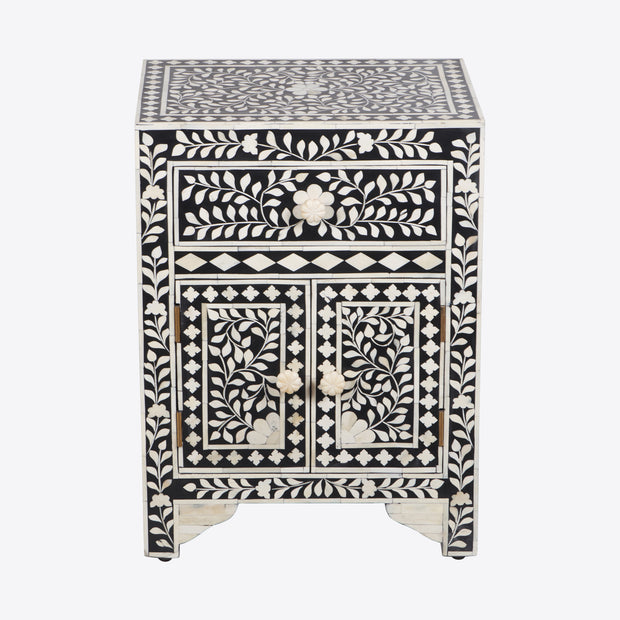 Bone Inlay Bedside Table - Black Floral - Abacus and Hunt