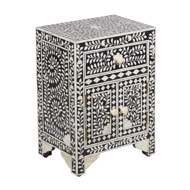 Bone Inlay Bedside Table - Black Floral - Abacus and Hunt