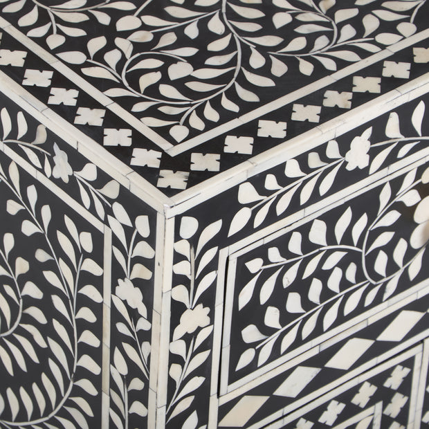 Bone Inlay Bedside Table - Black Floral - Abacus and Hunt