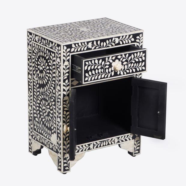 Bone Inlay Bedside Table - Black Floral - Abacus and Hunt