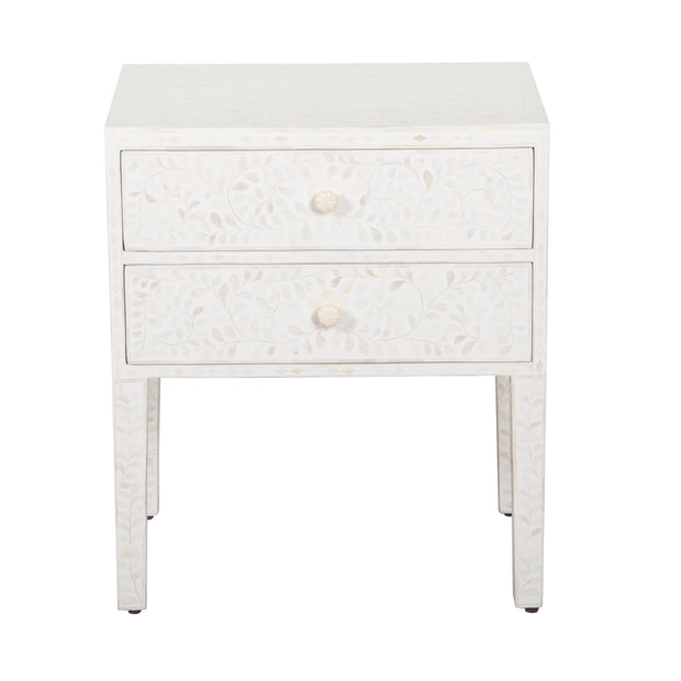 Bone Inlay Bedside, with 2 Drawers - White Floral - Abacus and Hunt