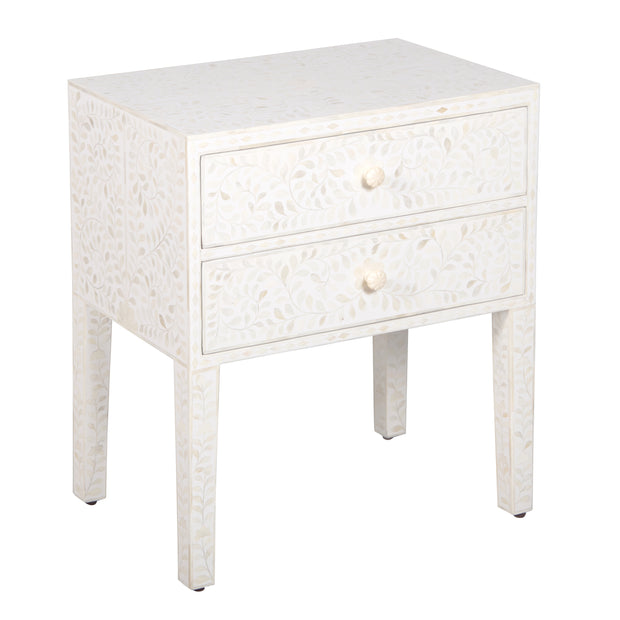 Bone Inlay Bedside, with 2 Drawers - White Floral - Abacus and Hunt