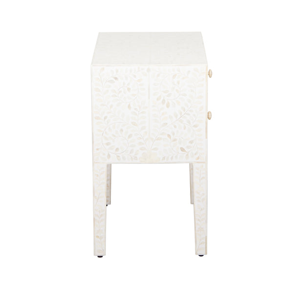 Bone Inlay Bedside, with 2 Drawers - White Floral - Abacus and Hunt