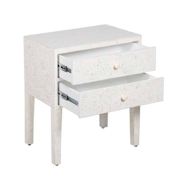Bone Inlay Bedside, with 2 Drawers - White Floral - Abacus and Hunt