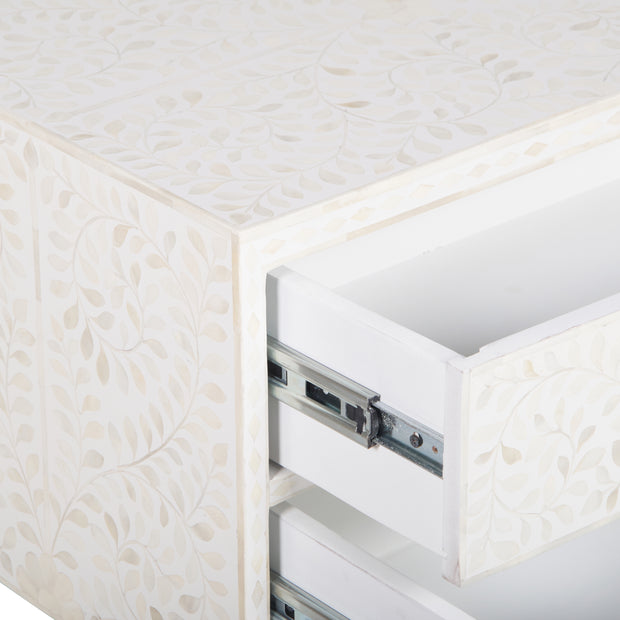 Bone Inlay Bedside, with 2 Drawers - White Floral - Abacus and Hunt