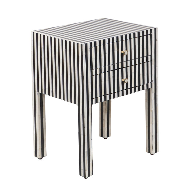 Bone Inlay Bedside Table with 2 Drawers - Black Stripe - Abacus and Hunt