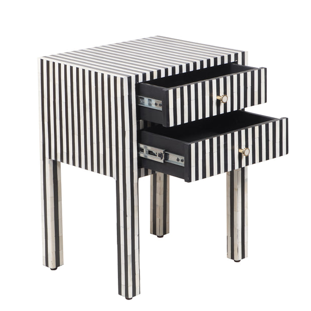 Bone Inlay Bedside Table with 2 Drawers - Black Stripe - Abacus and Hunt