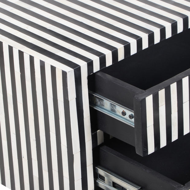 Bone Inlay Bedside Table with 2 Drawers - Black Stripe - Abacus and Hunt