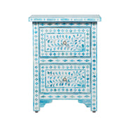 Bone Inlay Bedside Table with 2 Drawers - Turquoise Floral