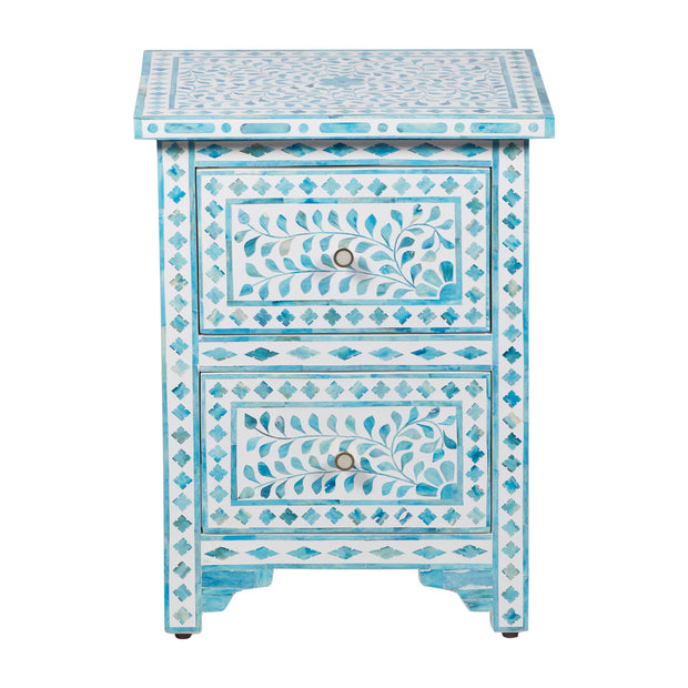Bone Inlay Bedside Table with 2 Drawers - Turquoise Floral