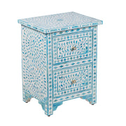 Bone Inlay Bedside Table with 2 Drawers - Turquoise Floral