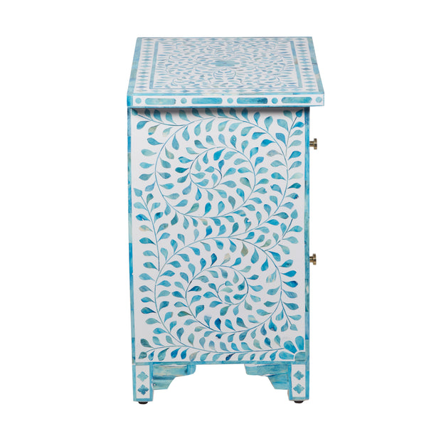 Bone Inlay Bedside Table with 2 Drawers - Turquoise Floral