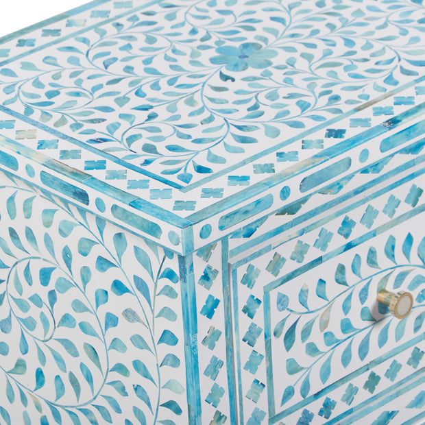 Bone Inlay Bedside Table with 2 Drawers - Turquoise Floral