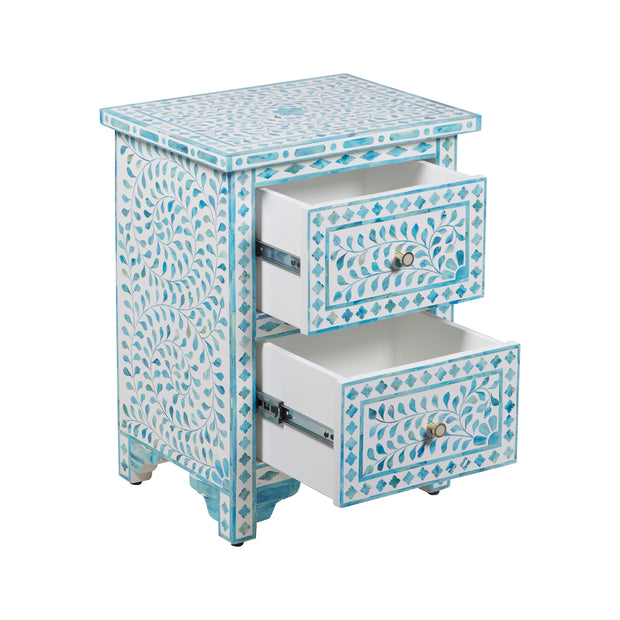 Bone Inlay Bedside Table with 2 Drawers - Turquoise Floral