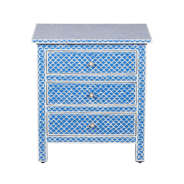 Bone Inlay Large 3 Drawer Bedside Table - Blue Fishscale