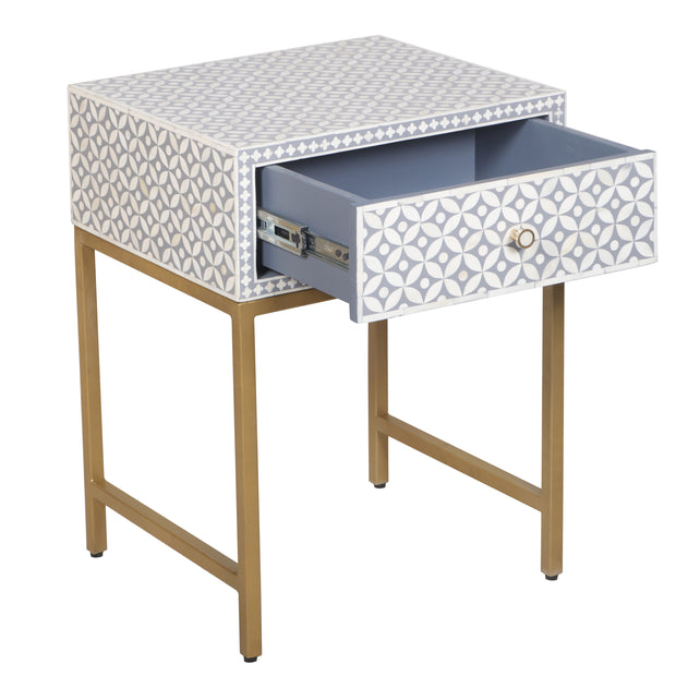 Bone Inlay 1 Drawer Bedside Table - Grey Geometric - Abacus and Hunt
