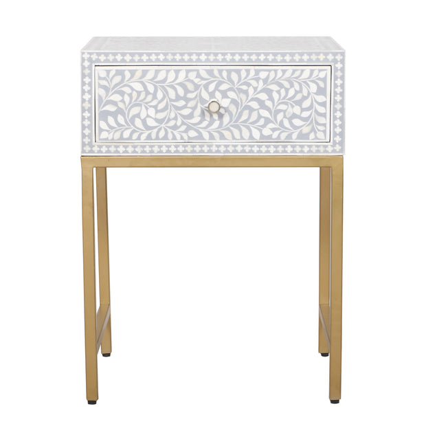 Bone Inlay 1 Drawer Bedside Table - Grey Floral - Abacus and Hunt