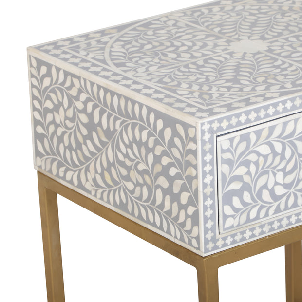 Bone Inlay 1 Drawer Bedside Table - Grey Floral - Abacus and Hunt